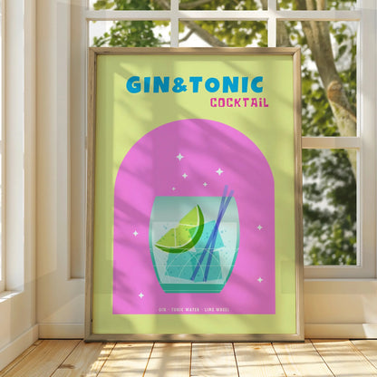 Gin and Tonic Cocktail Kitchen Wall Art, Bar Cart Poster, Colourful Drinks Print