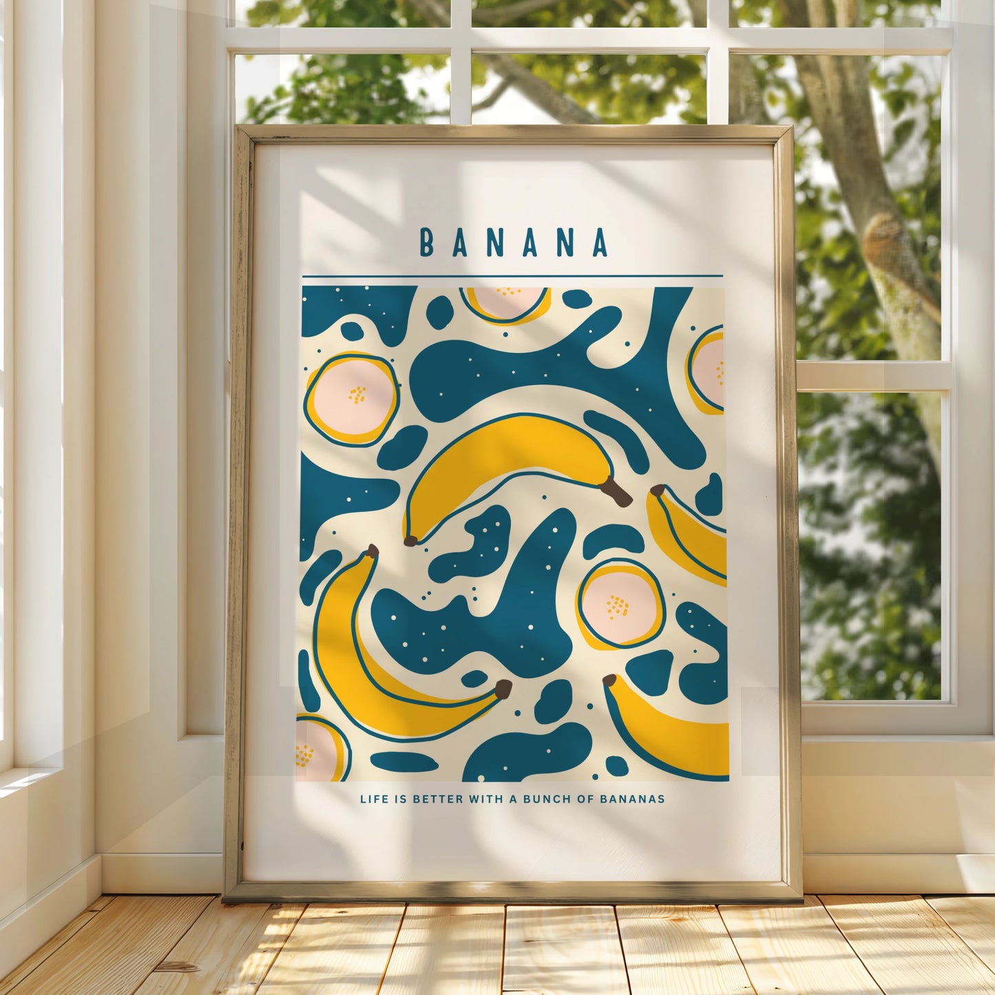 Banana Kitchen Wall Art, Fruit Print Poster, Teal Yellow Retro Kitchen Decor
