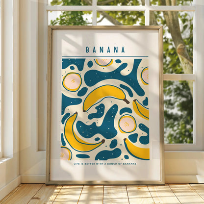 Banana Kitchen Wall Art, Fruit Print Poster, Teal Yellow Retro Kitchen Decor