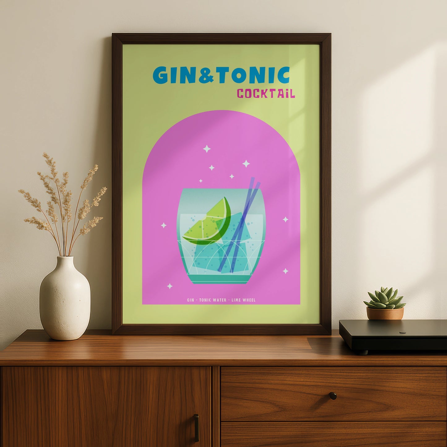Gin and Tonic Cocktail Kitchen Wall Art, Bar Cart Poster, Colourful Drinks Print