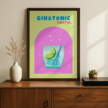 Gin and Tonic Cocktail Kitchen Wall Art, Bar Cart Poster, Colourful Drinks Print