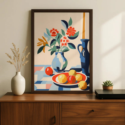 Kitchen Still Life Print, Floral Vase Fruit Bowl Wall Art, Colourful Modern Kitchen Poster