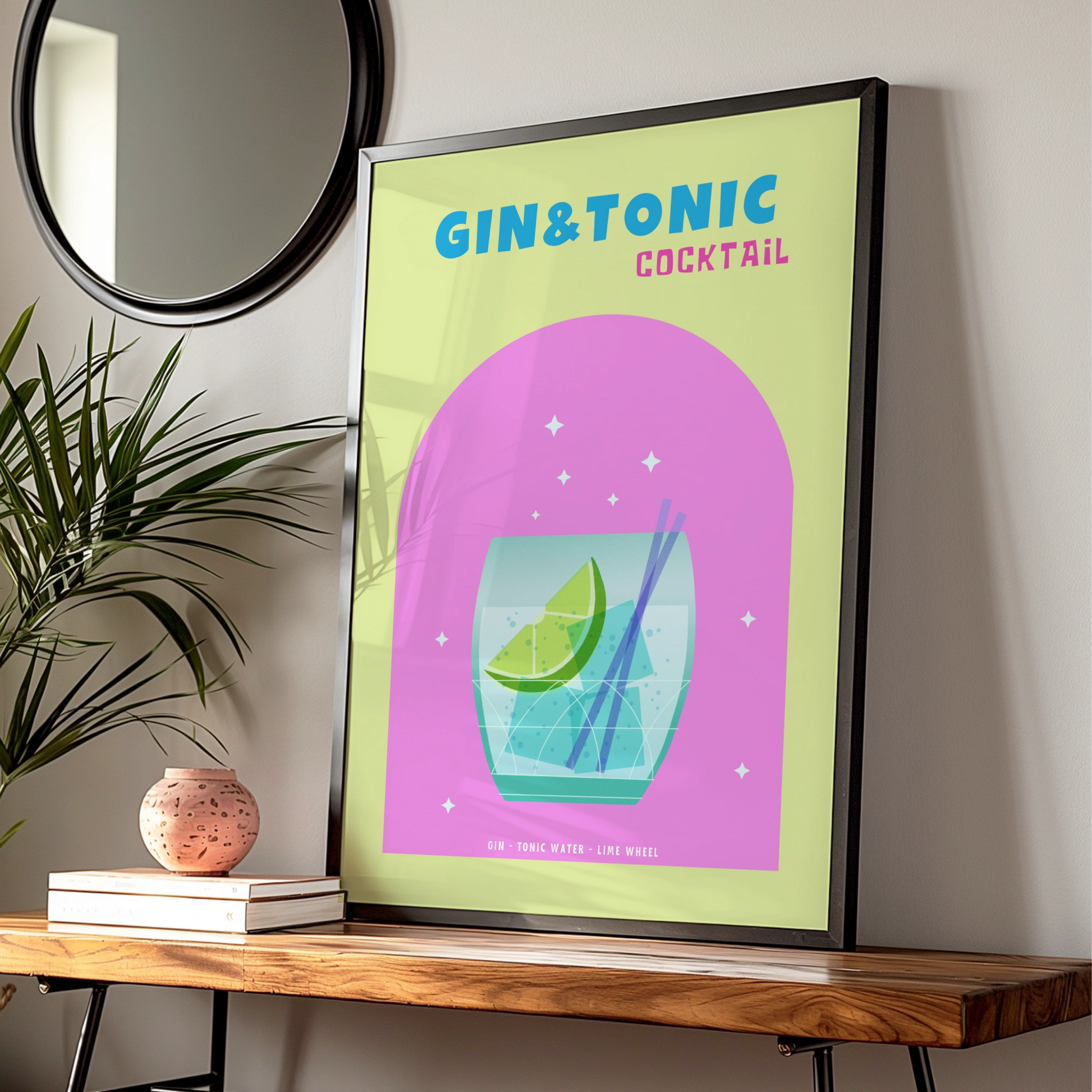 Gin and Tonic Cocktail Kitchen Wall Art, Bar Cart Poster, Colourful Drinks Print