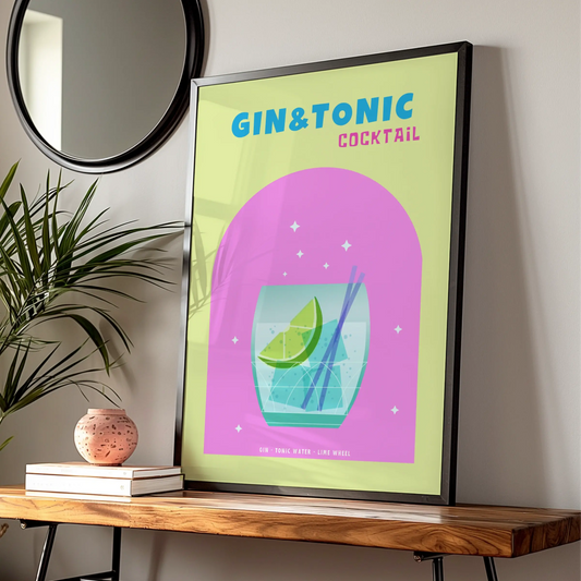 Gin and Tonic Cocktail Kitchen Wall Art, Bar Cart Poster, Colourful Drinks Print