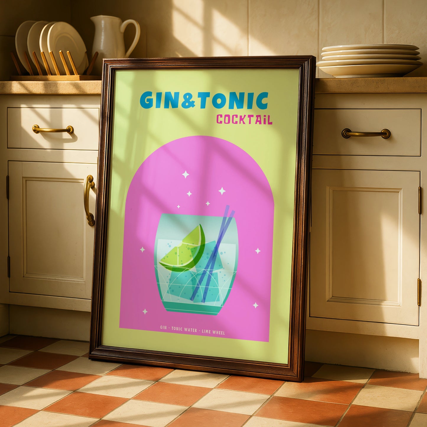 Gin and Tonic Cocktail Kitchen Wall Art, Bar Cart Poster, Colourful Drinks Print