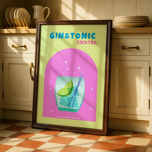 Gin and Tonic Cocktail Kitchen Wall Art, Bar Cart Poster, Colourful Drinks Print