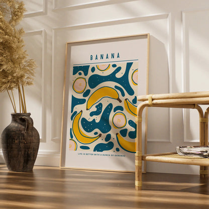 Banana Kitchen Wall Art, Fruit Print Poster, Teal Yellow Retro Kitchen Decor