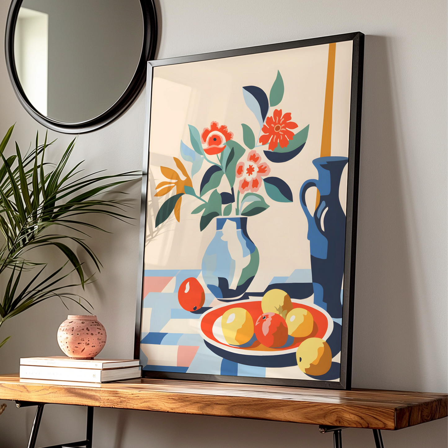 Kitchen Still Life Print, Floral Vase Fruit Bowl Wall Art, Colourful Modern Kitchen Poster