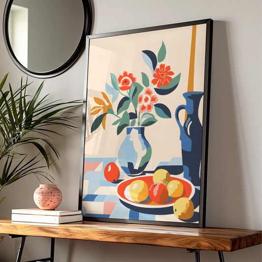 Kitchen Still Life Print, Floral Vase Fruit Bowl Wall Art, Colourful Modern Kitchen Poster