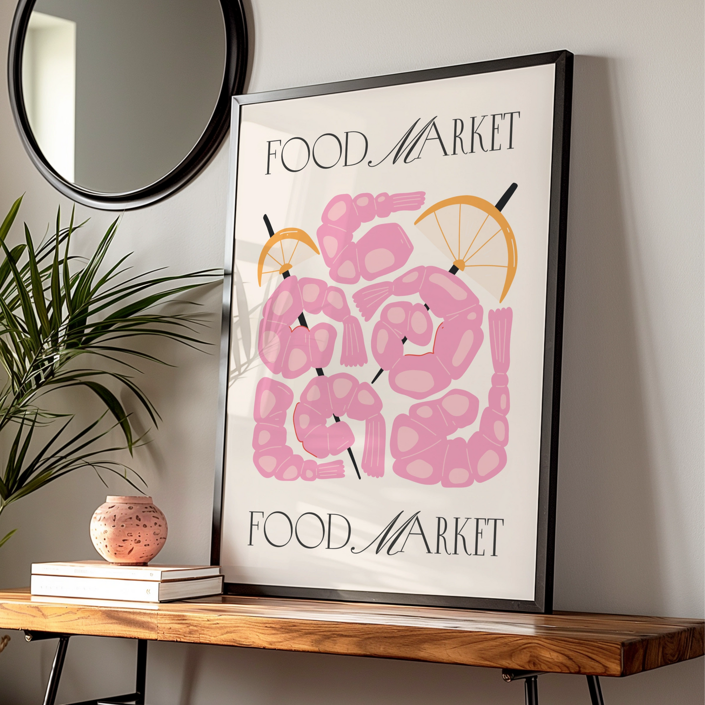 Food Market Shrimp Kitchen Print, Pink Prawn Poster, Seafood Wall Art, Retro Kitchen Decor