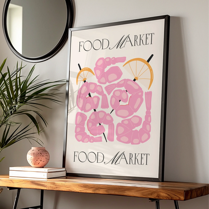 Food Market Shrimp Kitchen Print, Pink Prawn Poster, Seafood Wall Art, Retro Kitchen Decor