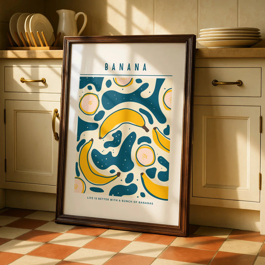 Banana Kitchen Wall Art, Fruit Print Poster, Teal Yellow Retro Kitchen Decor