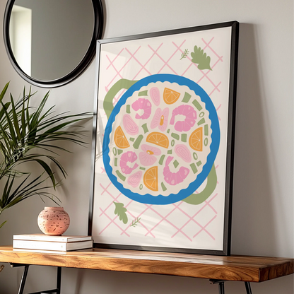 Seafood Paella Kitchen Wall Art, Colourful Food Poster, Shrimp Bowl Print for Kitchen Decor