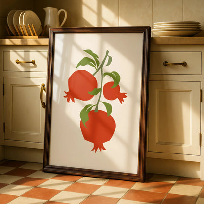 Pomegranate Kitchen Art Print, Fruit Wall Art, Red Green Botanical Poster, Minimalist Kitchen Decor