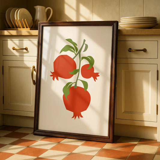 Pomegranate Kitchen Art Print, Fruit Wall Art, Red Green Botanical Poster, Minimalist Kitchen Decor