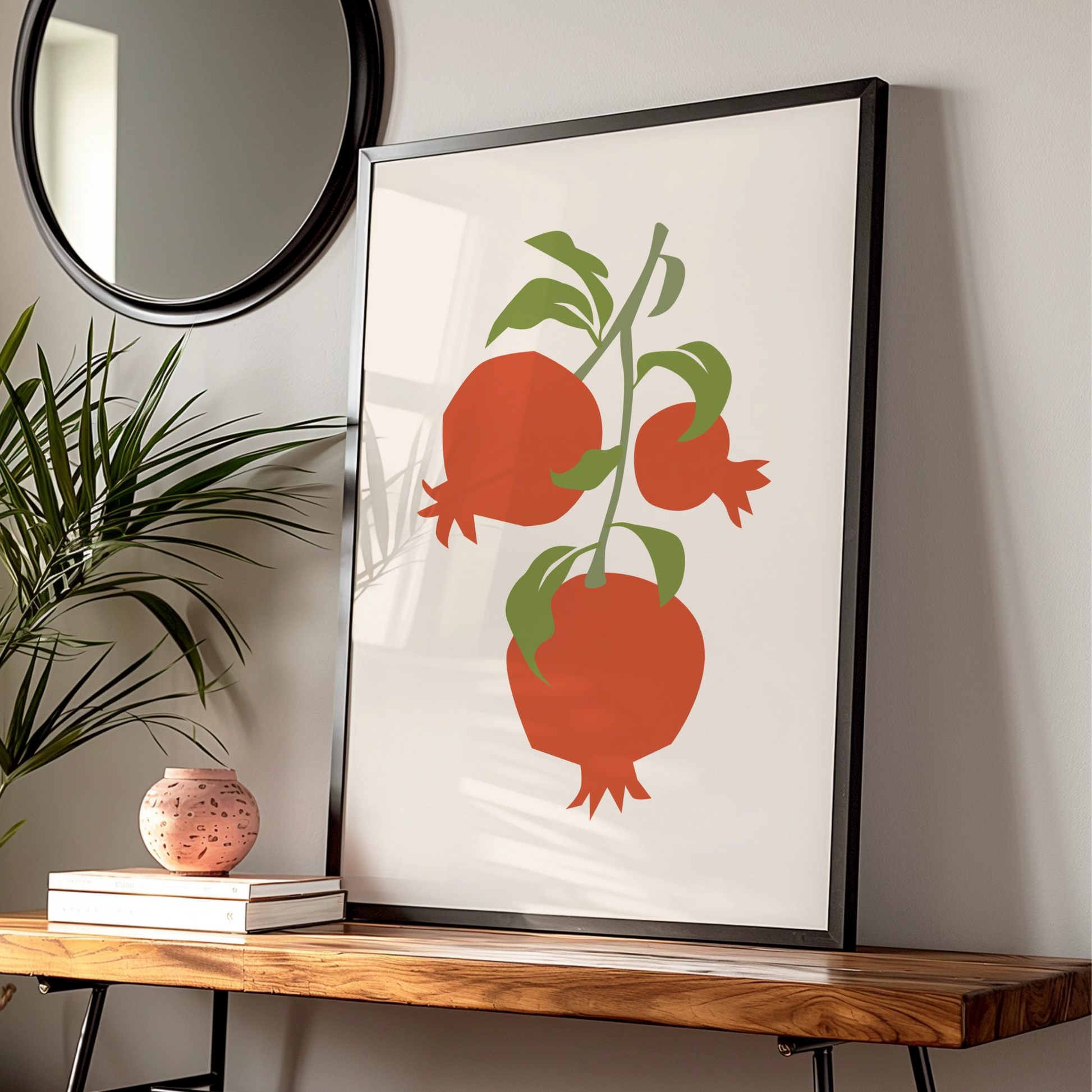 Pomegranate Kitchen Art Print, Fruit Wall Art, Red Green Botanical Poster, Minimalist Kitchen Decor