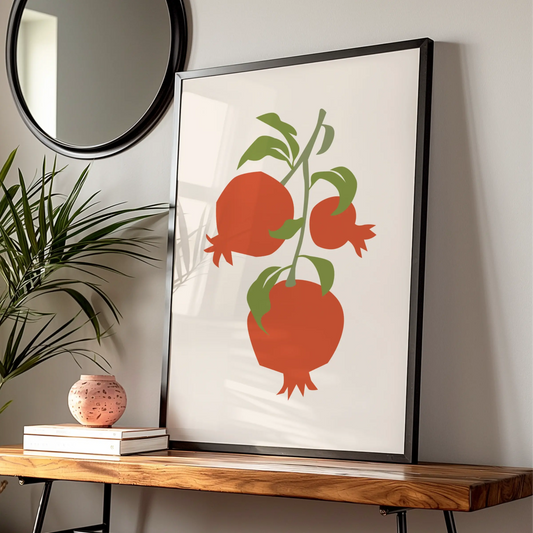 Pomegranate Kitchen Art Print, Fruit Wall Art, Red Green Botanical Poster, Minimalist Kitchen Decor