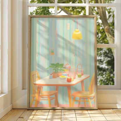 Pastel Kitchen Dining Room Art Print, Retro Table Scene Poster, Colourful Kitchen Wall Art