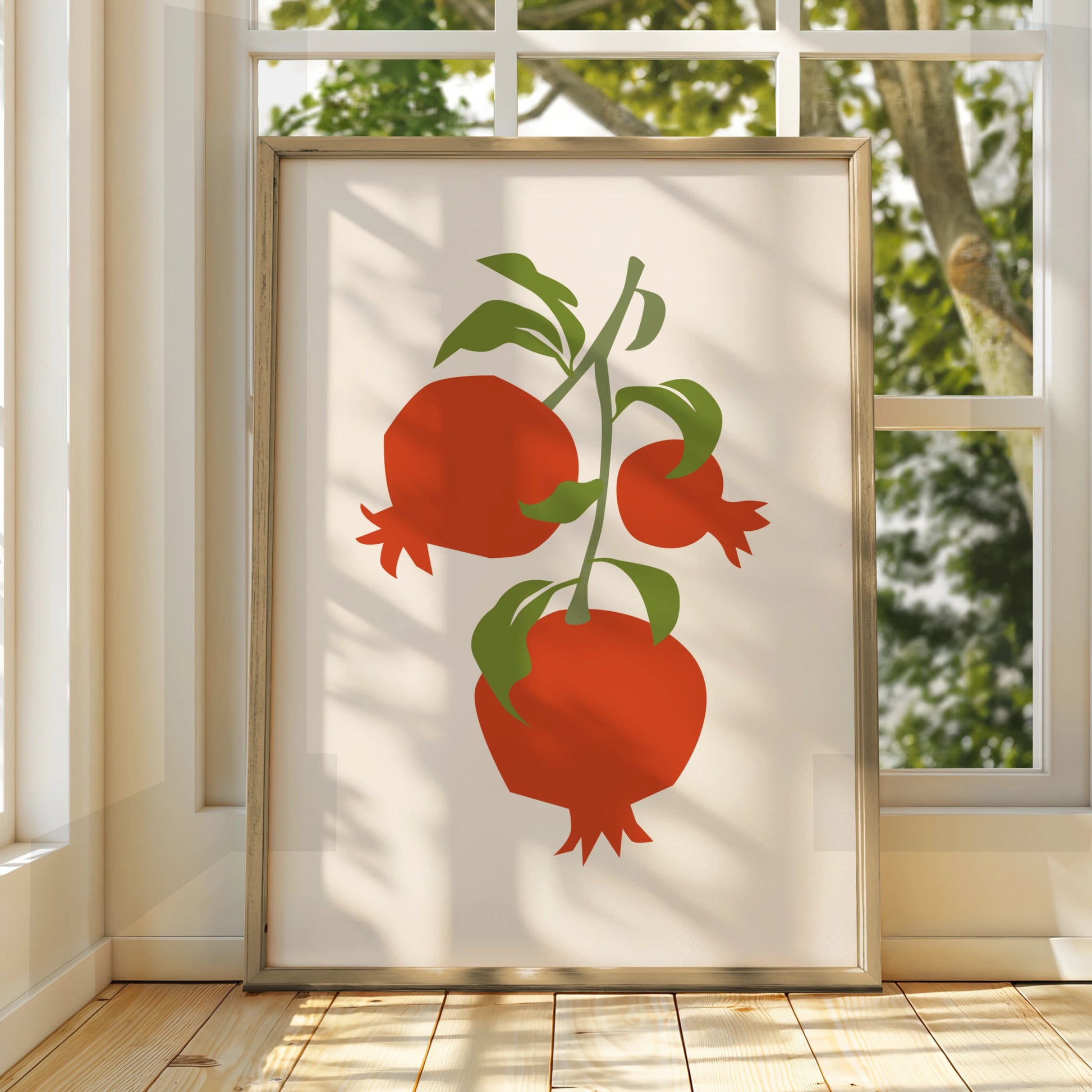 Pomegranate Kitchen Art Print, Fruit Wall Art, Red Green Botanical Poster, Minimalist Kitchen Decor