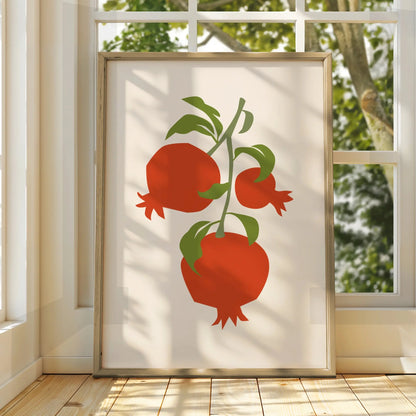 Pomegranate Kitchen Art Print, Fruit Wall Art, Red Green Botanical Poster, Minimalist Kitchen Decor