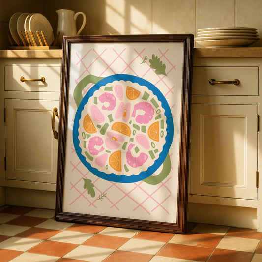 Seafood Paella Kitchen Wall Art, Colourful Food Poster, Shrimp Bowl Print for Kitchen Decor