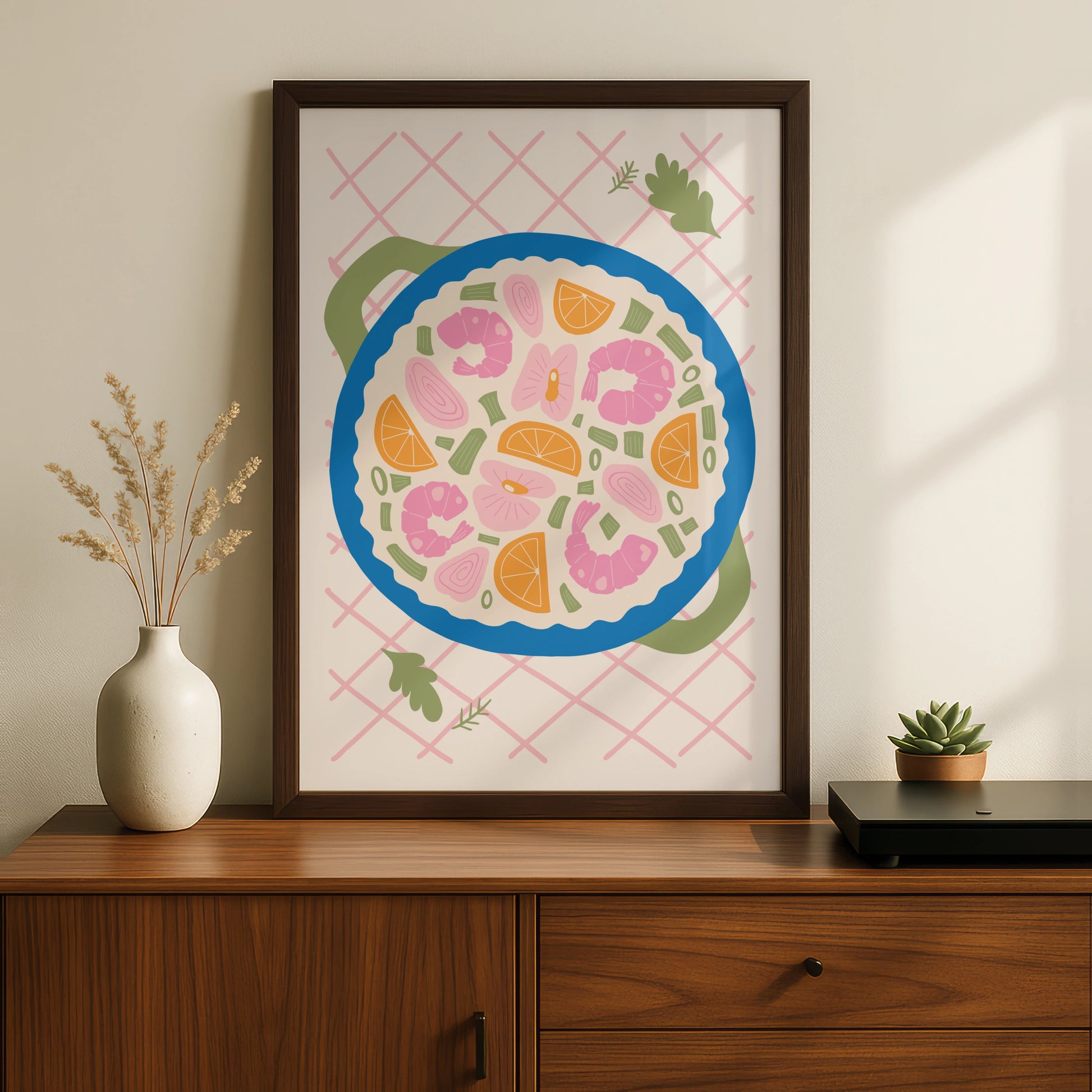 Seafood Paella Kitchen Wall Art, Colourful Food Poster, Shrimp Bowl Print for Kitchen Decor