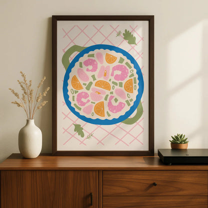 Seafood Paella Kitchen Wall Art, Colourful Food Poster, Shrimp Bowl Print for Kitchen Decor