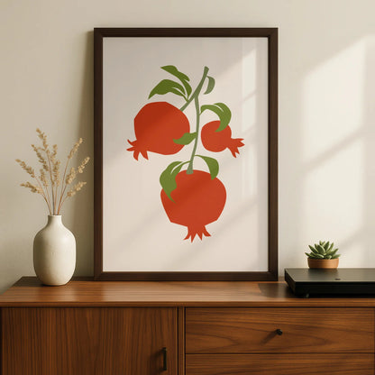 Pomegranate Kitchen Art Print, Fruit Wall Art, Red Green Botanical Poster, Minimalist Kitchen Decor