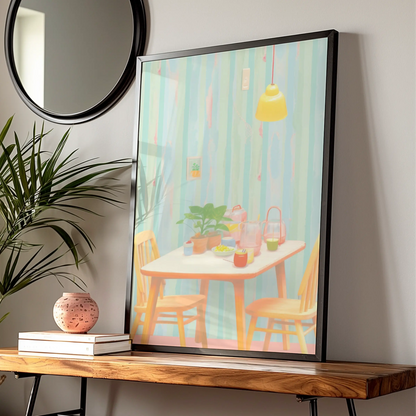 Pastel Kitchen Dining Room Art Print, Retro Table Scene Poster, Colourful Kitchen Wall Art