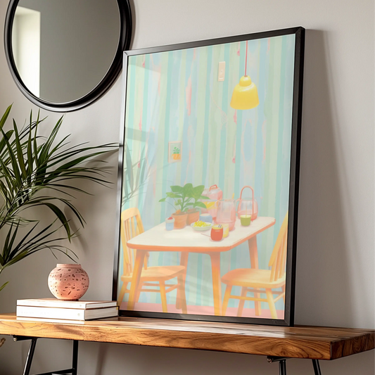 Pastel Kitchen Dining Room Art Print, Retro Table Scene Poster, Colourful Kitchen Wall Art