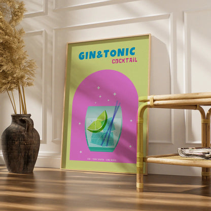 Gin and Tonic Cocktail Kitchen Wall Art, Bar Cart Poster, Colourful Drinks Print
