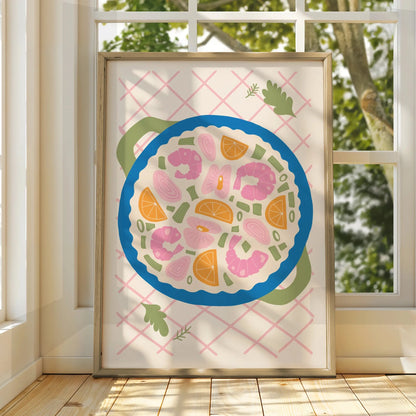 Seafood Paella Kitchen Wall Art, Colourful Food Poster, Shrimp Bowl Print for Kitchen Decor