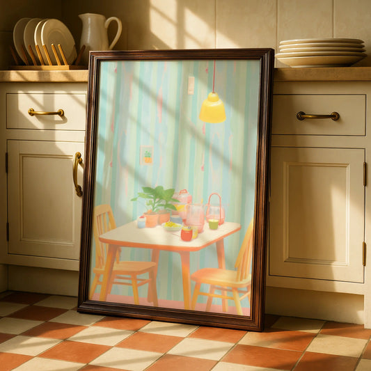 Pastel Kitchen Dining Room Art Print, Retro Table Scene Poster, Colourful Kitchen Wall Art