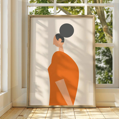 Minimalist Woman Figure Print, Orange Fashion Wall Art, Modern Kitchen Poster, Boho Female