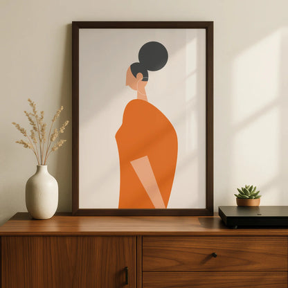 Minimalist Woman Figure Print, Orange Fashion Wall Art, Modern Kitchen Poster, Boho Female