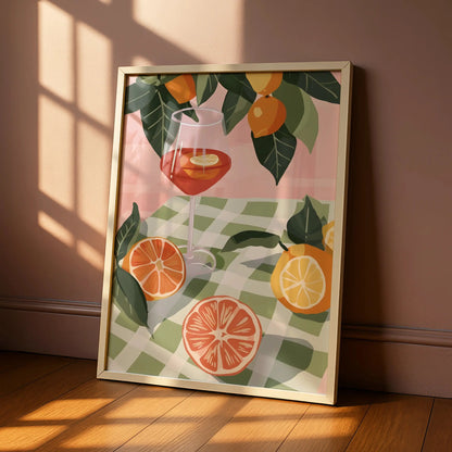 Citrus Cocktail Kitchen Print, Aperol Spritz Poster, Fruit Wall Art, Gingham Summer Decor