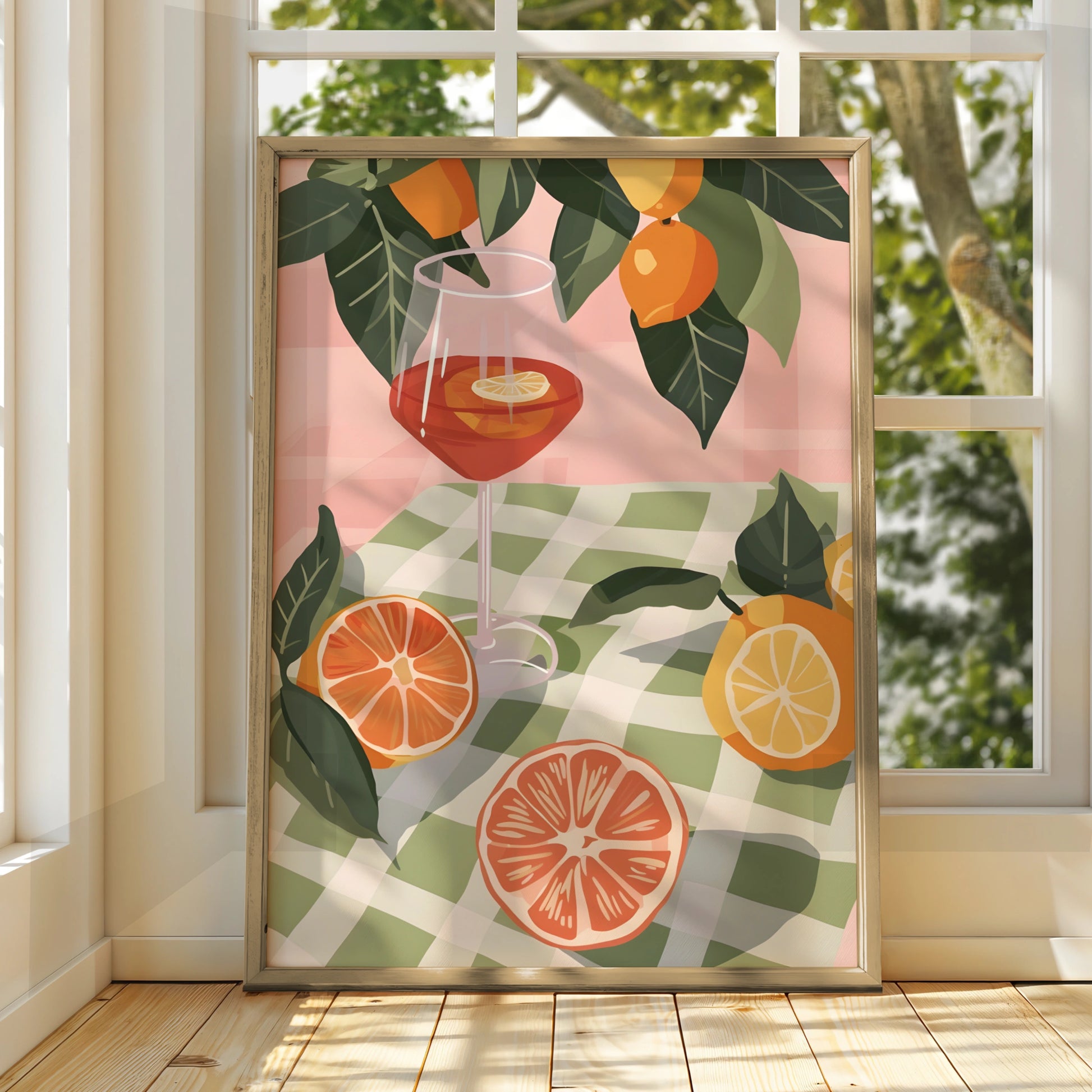 Citrus Cocktail Kitchen Print, Aperol Spritz Poster, Fruit Wall Art, Gingham Summer Decor