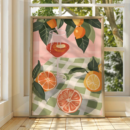 Citrus Cocktail Kitchen Print, Aperol Spritz Poster, Fruit Wall Art, Gingham Summer Decor