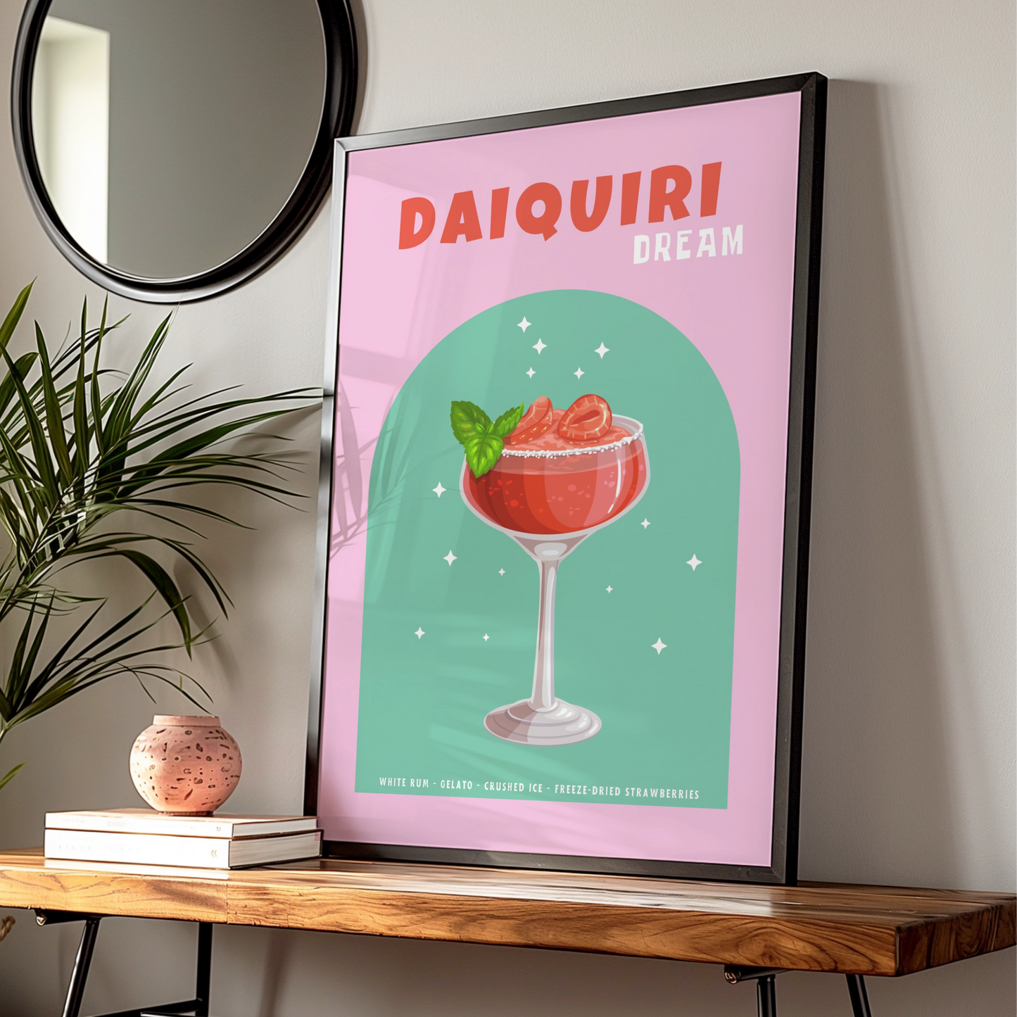 Strawberry Daiquiri Kitchen Print, Cocktail Wall Art, Bar Cart Poster, Pink Green