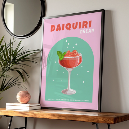 Strawberry Daiquiri Kitchen Print, Cocktail Wall Art, Bar Cart Poster, Pink Green