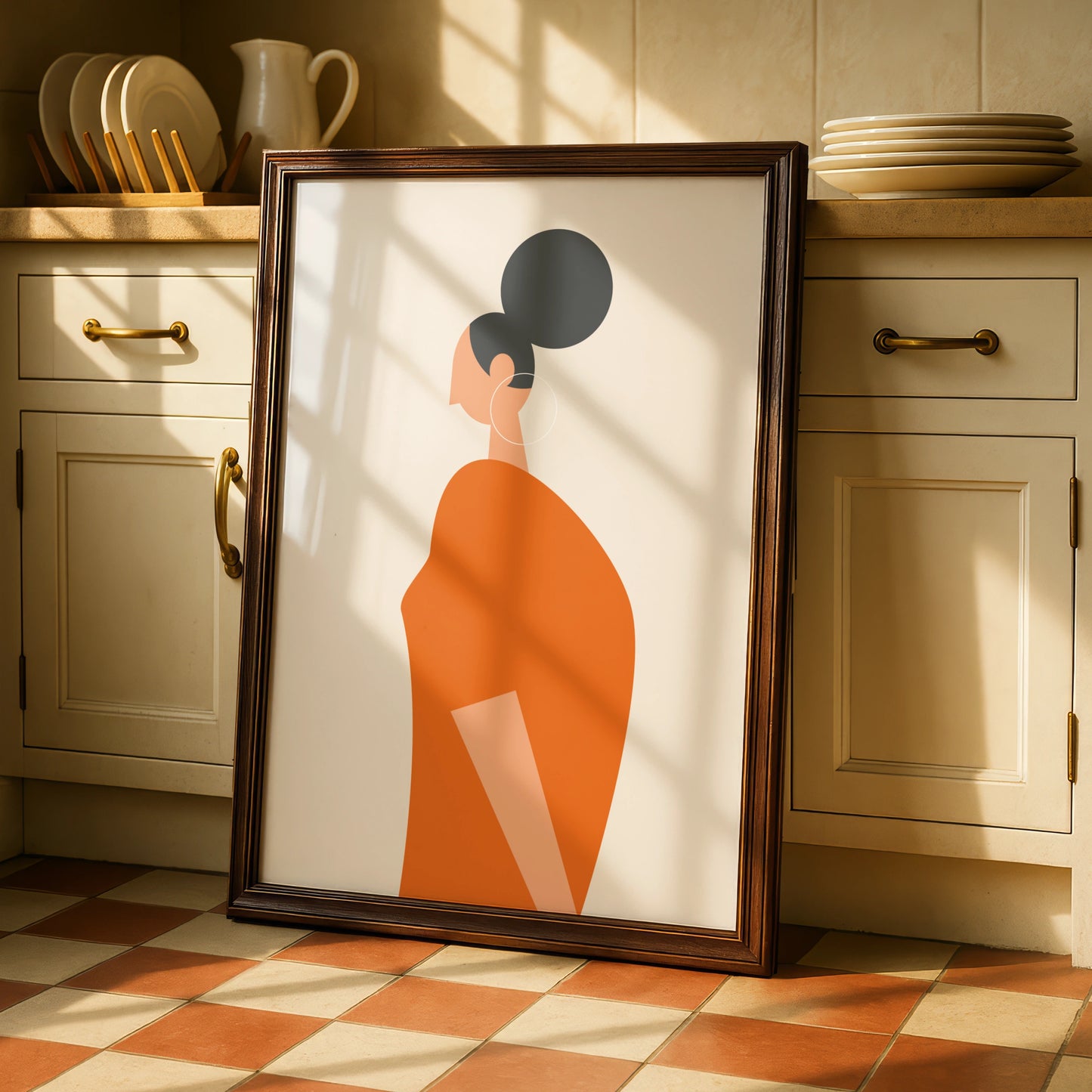 Minimalist Woman Figure Print, Orange Fashion Wall Art, Modern Kitchen Poster, Boho Female