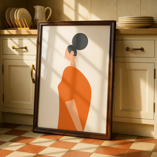 Minimalist Woman Figure Print, Orange Fashion Wall Art, Modern Kitchen Poster, Boho Female