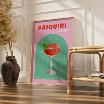 Strawberry Daiquiri Kitchen Print, Cocktail Wall Art, Bar Cart Poster, Pink Green
