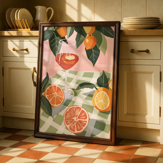 Citrus Cocktail Kitchen Print, Aperol Spritz Poster, Fruit Wall Art, Gingham Summer Decor