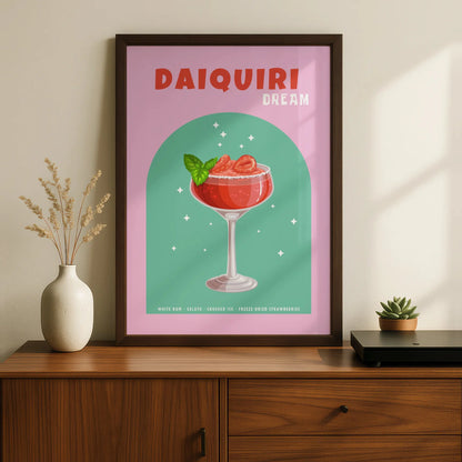 Strawberry Daiquiri Kitchen Print, Cocktail Wall Art, Bar Cart Poster, Pink Green