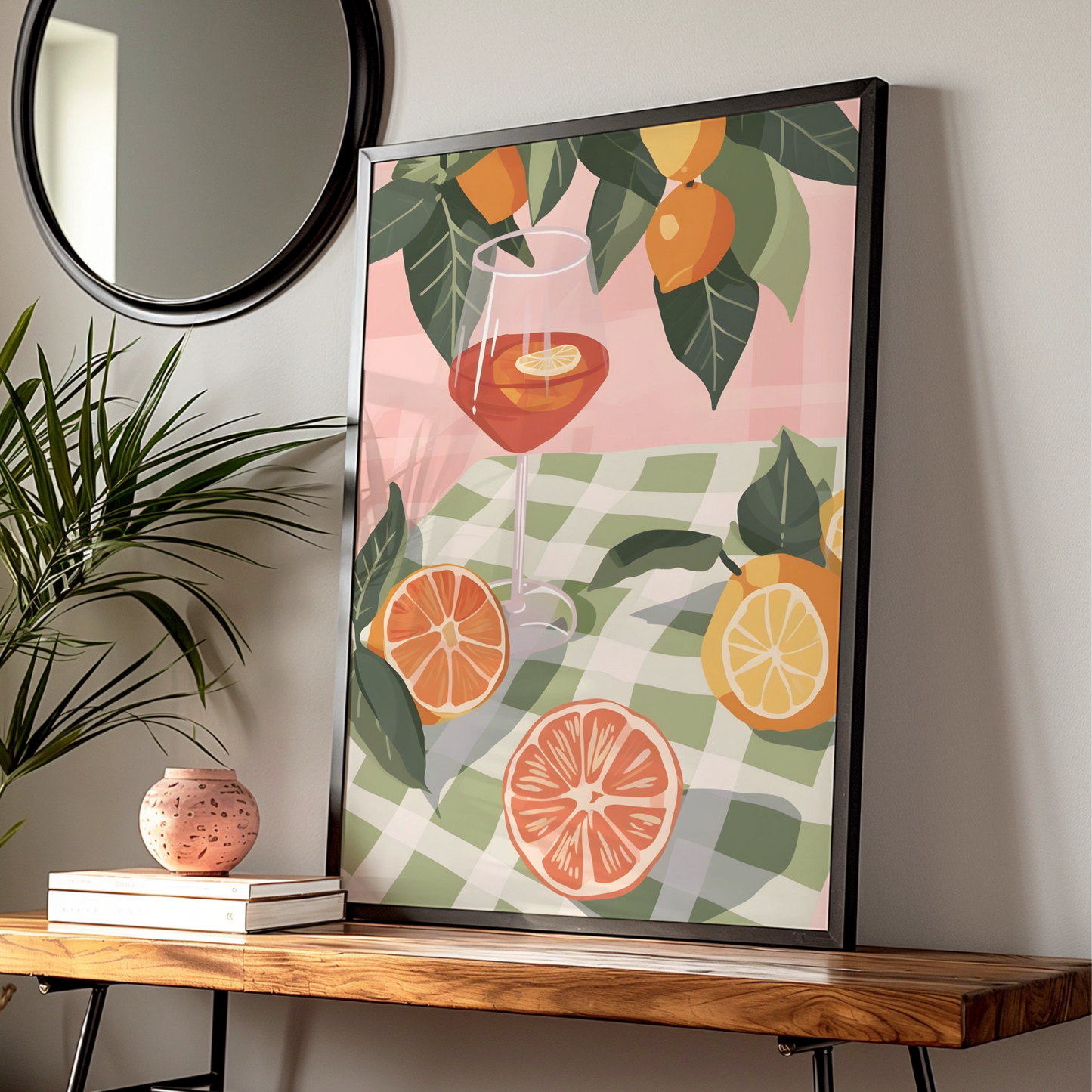 Citrus Cocktail Kitchen Print, Aperol Spritz Poster, Fruit Wall Art, Gingham Summer Decor