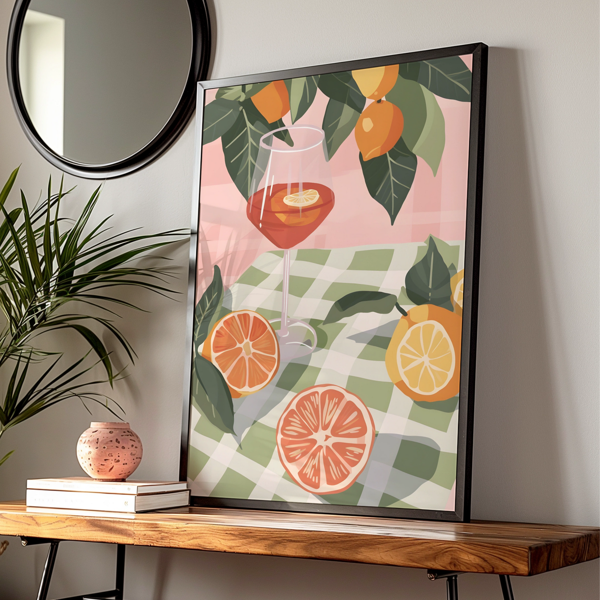 Citrus Cocktail Kitchen Print, Aperol Spritz Poster, Fruit Wall Art, Gingham Summer Decor