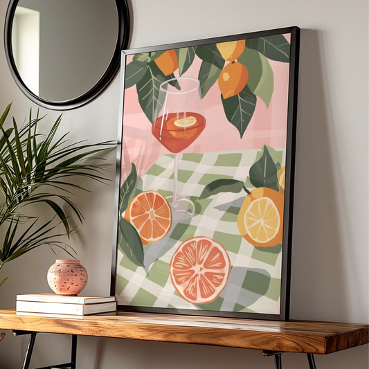 Citrus Cocktail Kitchen Print, Aperol Spritz Poster, Fruit Wall Art, Gingham Summer Decor