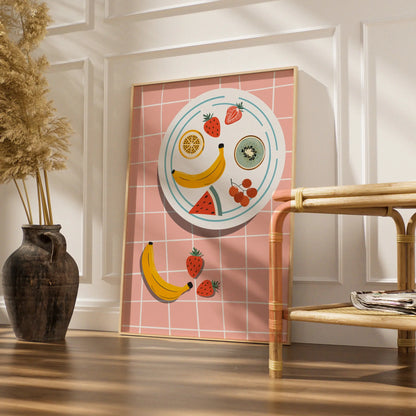 Fruit Bowl Kitchen Art Print, Colourful Food Poster, Retro Kitchen Wall Decor, Fun Dining Room