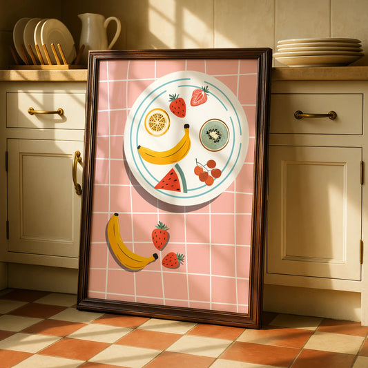 Fruit Bowl Kitchen Art Print, Colourful Food Poster, Retro Kitchen Wall Decor, Fun Dining Room